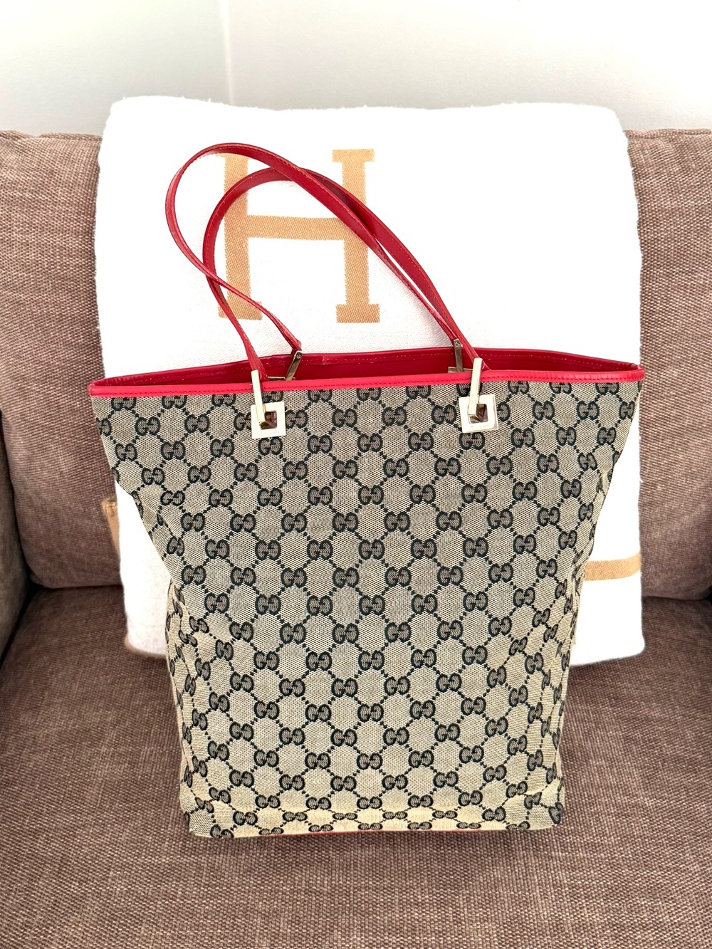 Gucci authentic gray black monogram canvas shopper tote bag red leather